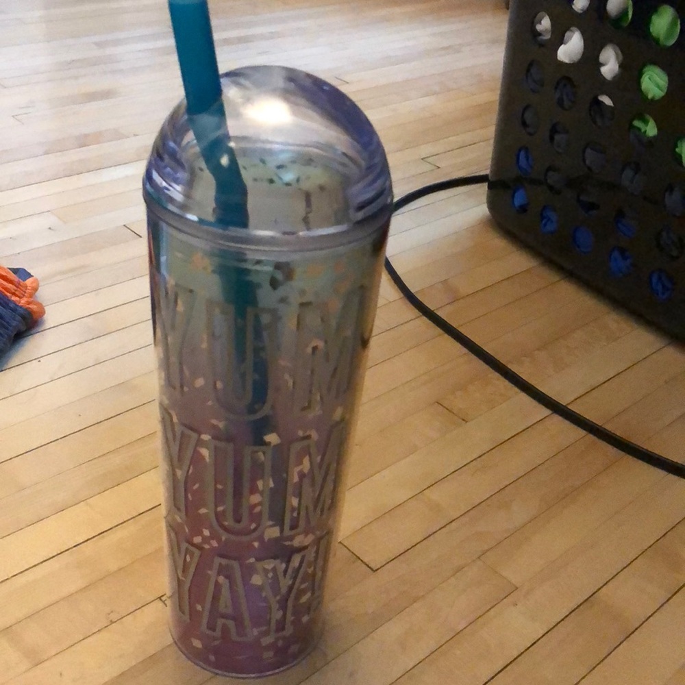 Cold drink tumbler that says “yum yum yay”
